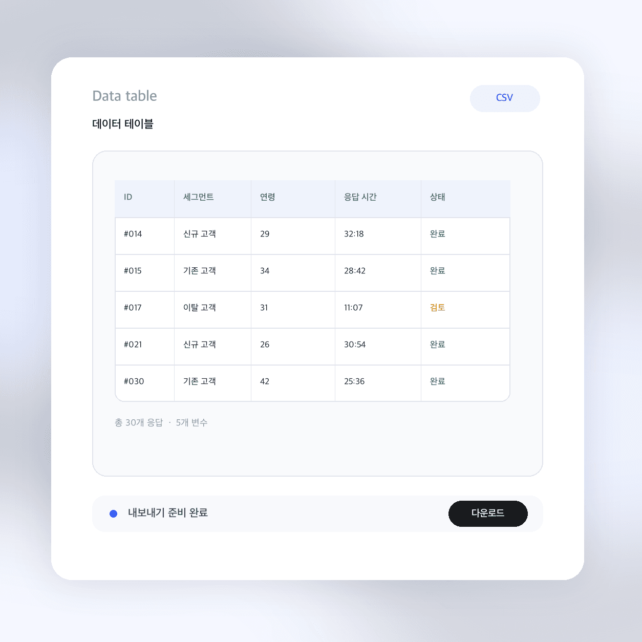 데이터 테이블 export 화면